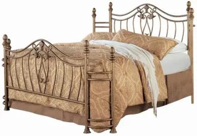 Metal Queen Headboard and Footboard with Swirling Floral Motifs, Antique Gold - Benzara