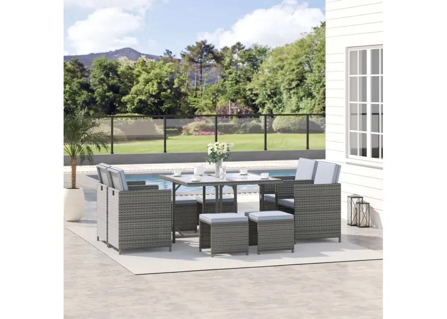 Grey Outdoor Dining: 9-Piece Rattan Wicker Set with Cushioned Chairs