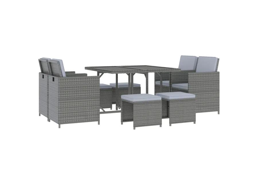 Grey Outdoor Dining: 9-Piece Rattan Wicker Set with Cushioned Chairs