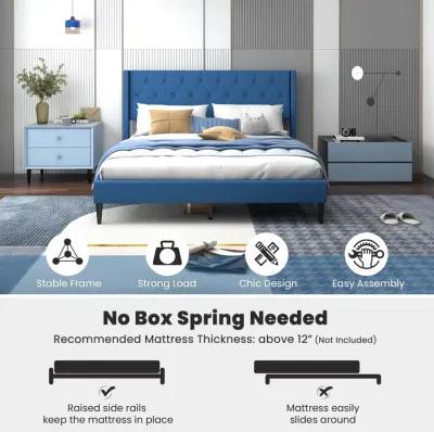 Queen Size Upholstered Platform Bed with Button Tufted Wingback Headboard-Blue