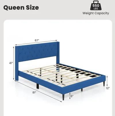 Queen Size Upholstered Platform Bed with Button Tufted Wingback Headboard-Blue