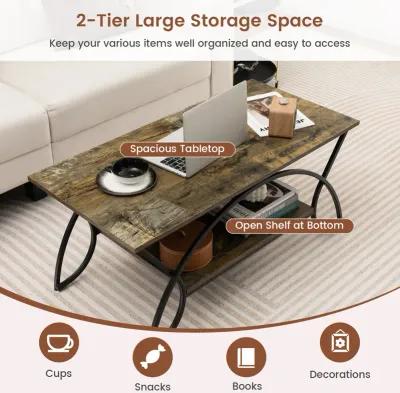 2-Tier Faux Marble Coffee Table with Marble Top and Metal Frame