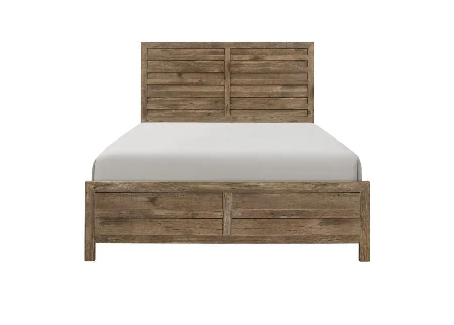 Zane Transitional Queen Bed, Wood Plank Design, Weathered Pine Veneer-Benzara