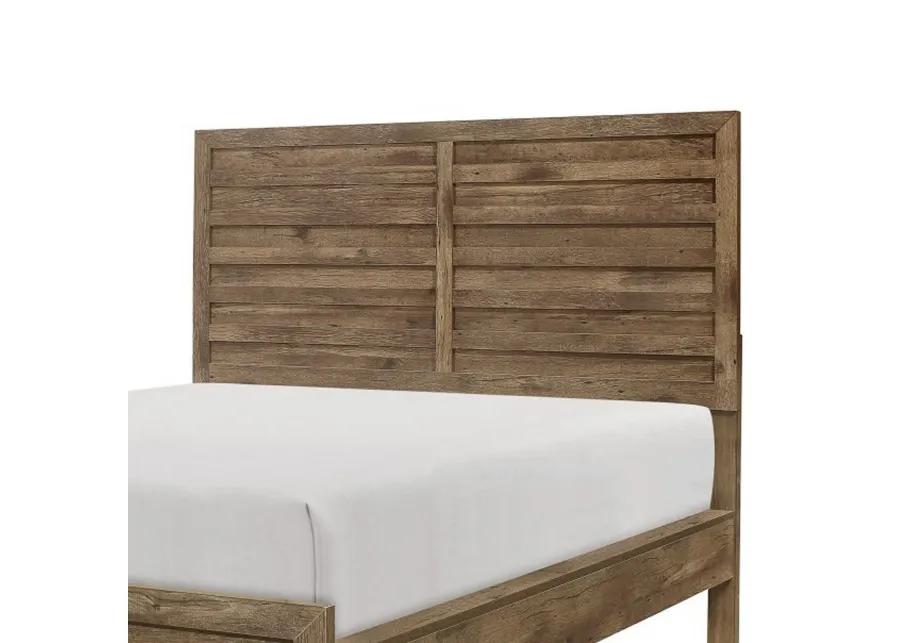 Zane Transitional Queen Bed, Wood Plank Design, Weathered Pine Veneer-Benzara