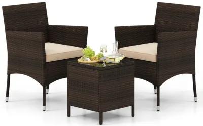 3 Pieces Outdoor Conversation Set with Cushioned Seat and Glass Tabletop-Beige