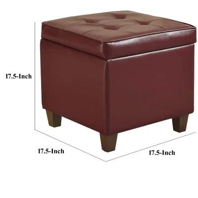 Square Shape Leatherette Upholstered Wooden Ottoman with Tufted Lift Off Lid Storage, Red - Benzara