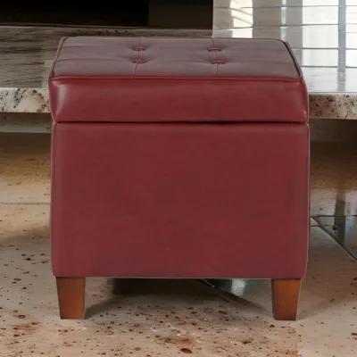 Square Shape Leatherette Upholstered Wooden Ottoman with Tufted Lift Off Lid Storage, Red - Benzara