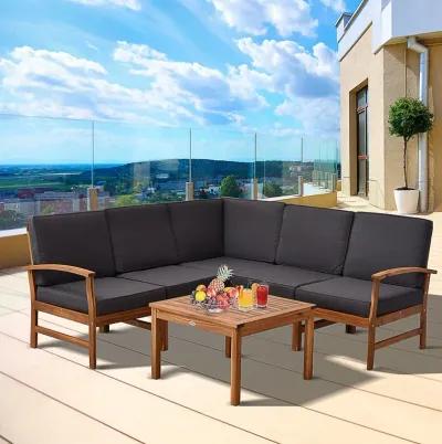 Grey Patio Comfort: 6PC Acacia Wood Sofa Set with Cushions