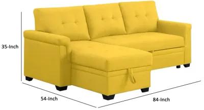 Elliot 84 Inch Sleeper Sectional Sofa with Storage Chaise, Yellow Fabric-Benzara