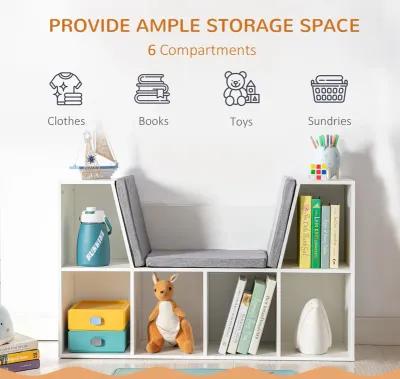 White Kids' Organizer: 6-Cubby Wooden Bookshelf with Cushion