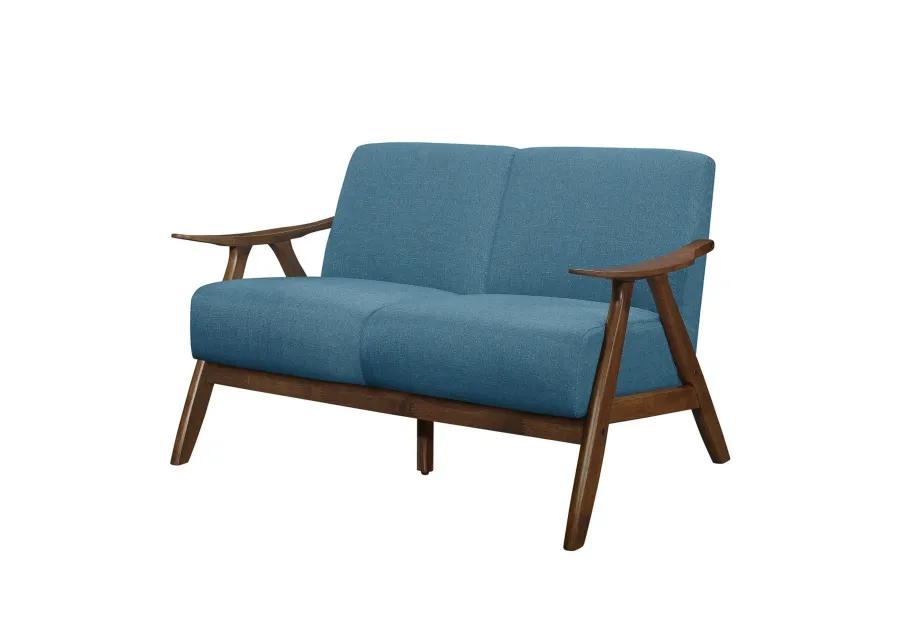 Indy 51 Inch Loveseat, Brown Rubberwood Angled Frame, Textured Blue Fabric - Benzara