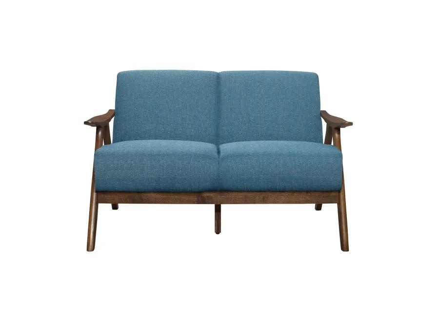 Indy 51 Inch Loveseat, Brown Rubberwood Angled Frame, Textured Blue Fabric - Benzara