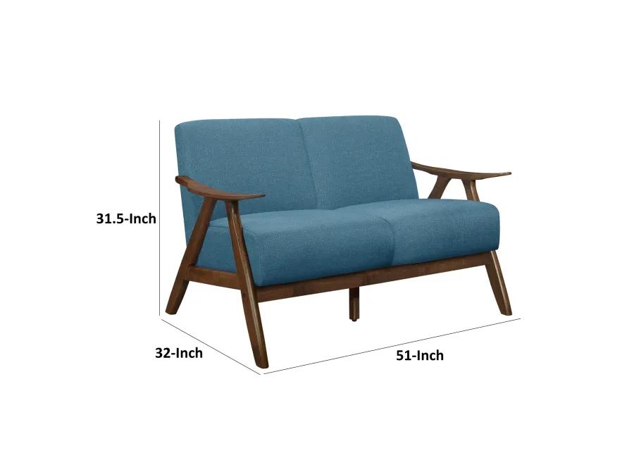 Indy 51 Inch Loveseat, Brown Rubberwood Angled Frame, Textured Blue Fabric - Benzara