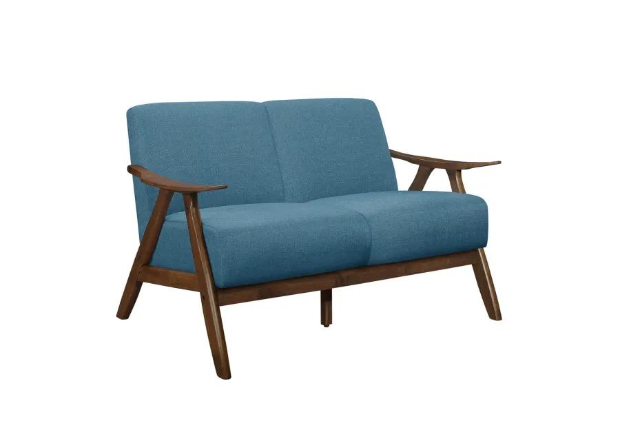 Indy 51 Inch Loveseat, Brown Rubberwood Angled Frame, Textured Blue Fabric - Benzara