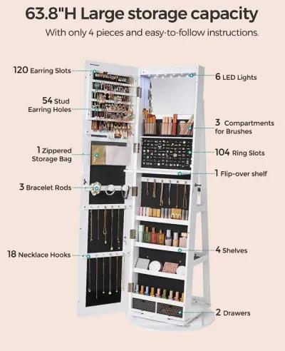 360° Swivel Lockable Jewelry Armoire with 6 LEDs, Frameless Full-Length Mirror, and 3 Storage Shelves