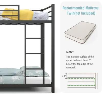 Low Profile Twin Over Twin Metal Bunk Bed with Full-length Guardrails