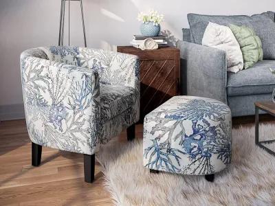 BELLEZE Accent Chair with Ottoman, Curved Back Living Room Chair, Stylish Barrel Club Chair and Footrest Set, Upholstered Round Tub Reading Chair for Bedroom - Lydia (Blue Coral)