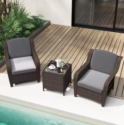 Hivvago 3 Pieces Outdoor Rattan Furniture Set with Cushions and Tempered Glass Coffee Table