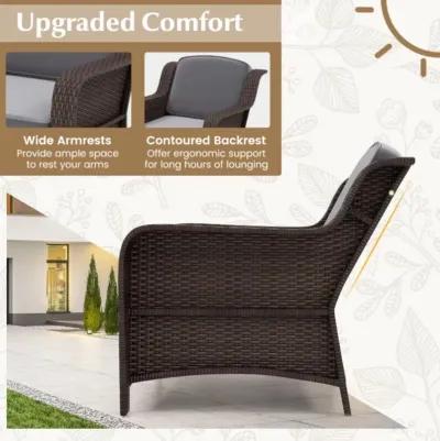 Hivvago 3 Pieces Outdoor Rattan Furniture Set with Cushions and Tempered Glass Coffee Table