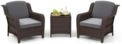 Hivvago 3 Pieces Outdoor Rattan Furniture Set with Cushions and Tempered Glass Coffee Table