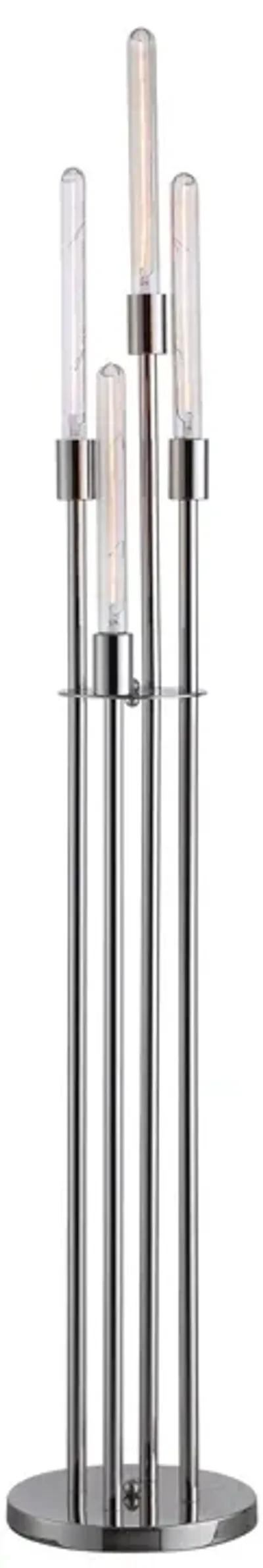 59 Inch Floor Lamp, 4 LED Lights, Metal Round Base, Glossy Nickel Finish-Benzara