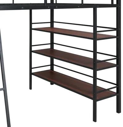 Merax Metal Loft  Bed with  Desk and 3 Layers of Shelves