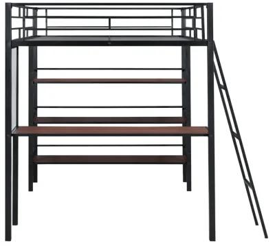 Merax Metal Loft  Bed with  Desk and 3 Layers of Shelves