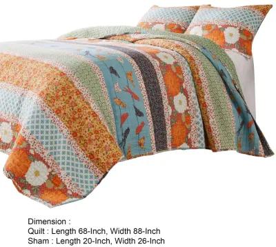 2pc Twin Quilt and Pillow Sham Set, Floral and Songbirds Prints, Multicolor - Benzara