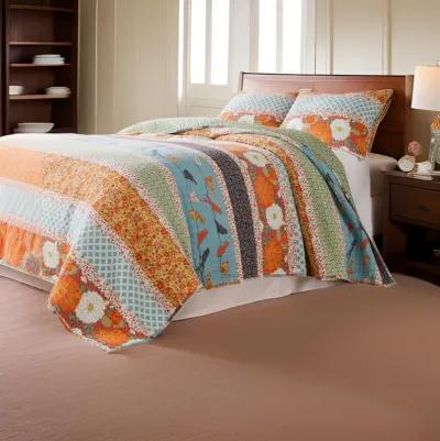 2pc Twin Quilt and Pillow Sham Set, Floral and Songbirds Prints, Multicolor - Benzara