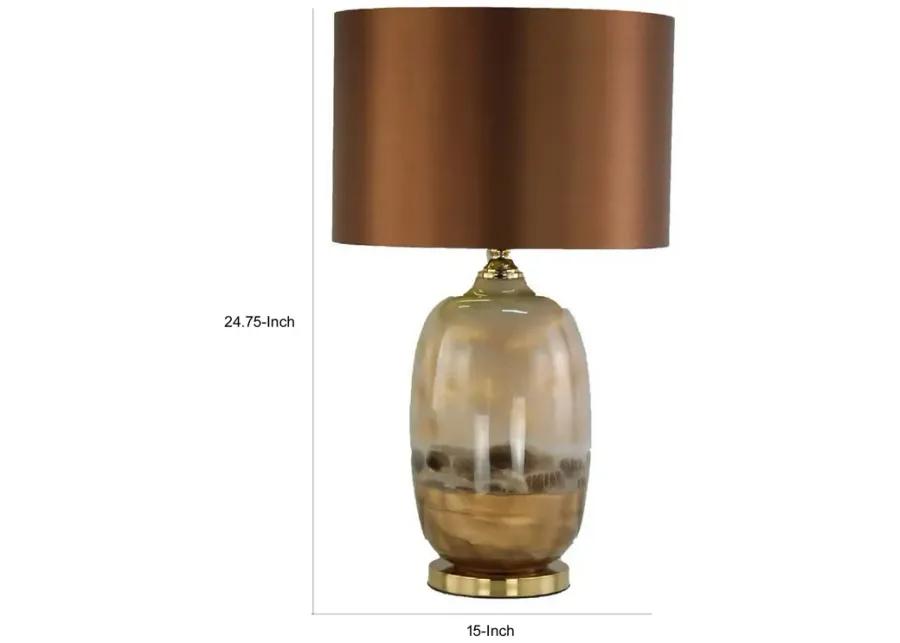 Gia 25 Inch Table Lamp, Drum Shade, Vase Shaped Glass Body, Brown Finish - Benzara