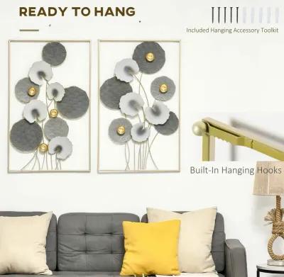 Grey/Gold Wall Art: 3D Metal Lotus Leaves Set for Room Decor