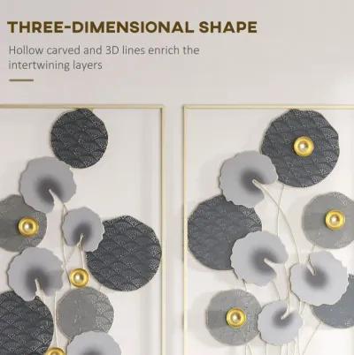 Grey/Gold Wall Art: 3D Metal Lotus Leaves Set for Room Decor