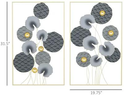 Grey/Gold Wall Art: 3D Metal Lotus Leaves Set for Room Decor