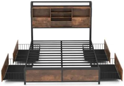 Hivvago Full/Queen Size Bed Frame with Bookcase Headboard and 4 Storage Drawers