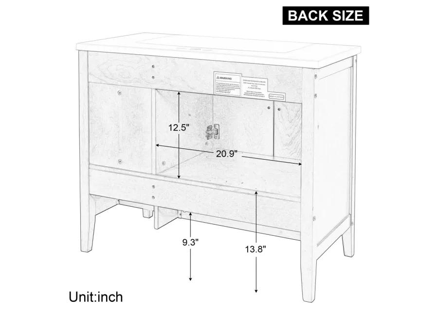 36 Bathroom Vanity Base Only, Solid Wood Frame And MDF Boards, Brown