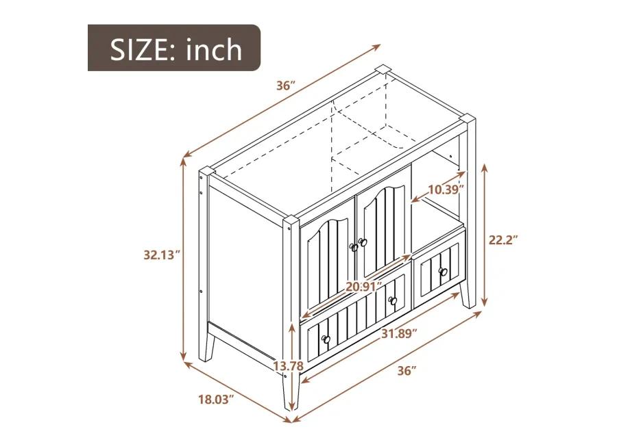 36 Bathroom Vanity Base Only, Solid Wood Frame And MDF Boards, Brown