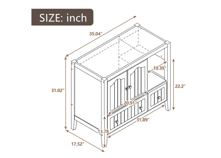 36 Bathroom Vanity Base Only, Solid Wood Frame And MDF Boards, Brown