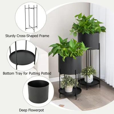 2 Metal Planter Pot Stands with Drainage Holes-Black