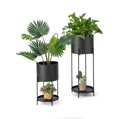 2 Metal Planter Pot Stands with Drainage Holes-Black