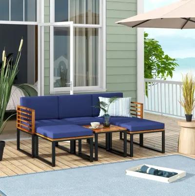 6 Piece Patio Acacia Wood Conversation Sofa Set with Ottomans and Coffee Table-Navy