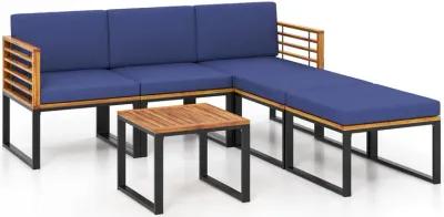 6 Piece Patio Acacia Wood Conversation Sofa Set with Ottomans and Coffee Table-Navy