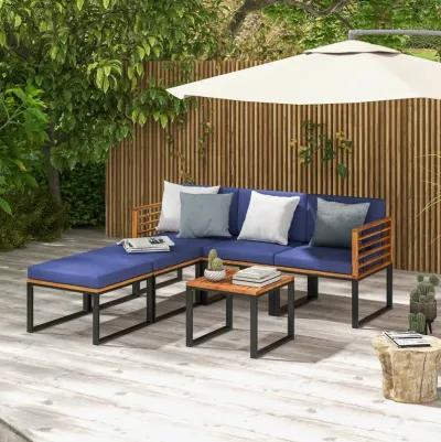 6 Piece Patio Acacia Wood Conversation Sofa Set with Ottomans and Coffee Table-Navy