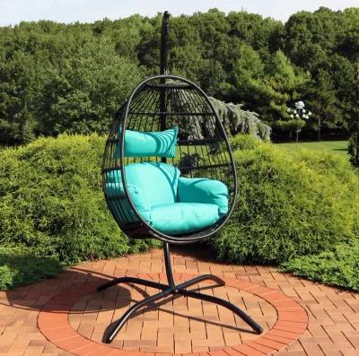 Sunnydaze Resin Wicker Hanging Egg Chair with Steel Stand/Cushion - Teal