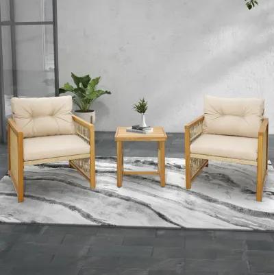 3 Pieces Patio PE Wicker Conversation Set with Acacia Wood Frame and Cushions-Beige