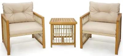 3 Pieces Patio PE Wicker Conversation Set with Acacia Wood Frame and Cushions-Beige