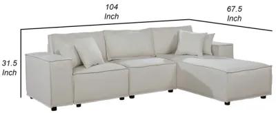 Shore 104 Inch Modular Sofa with Reversible Chaise, Pillows, Beige Fabric-Benzara