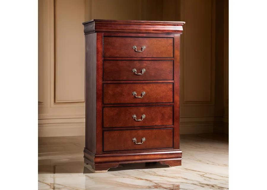 Ryla Tall Dresser Chest, 5 Drawers, Metal Handles, Cherry Brown Solid Wood