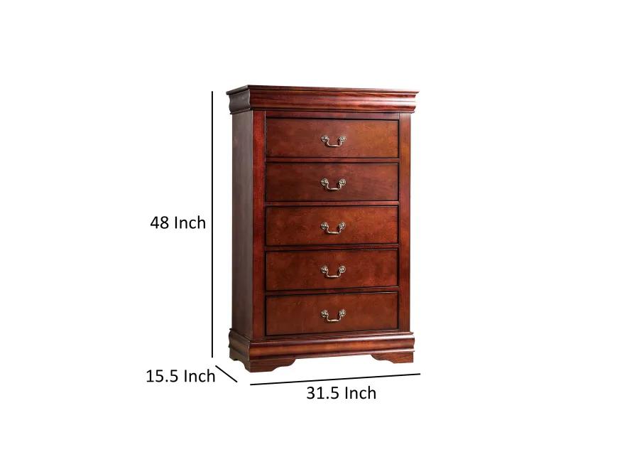 Ryla Tall Dresser Chest, 5 Drawers, Metal Handles, Cherry Brown Solid Wood