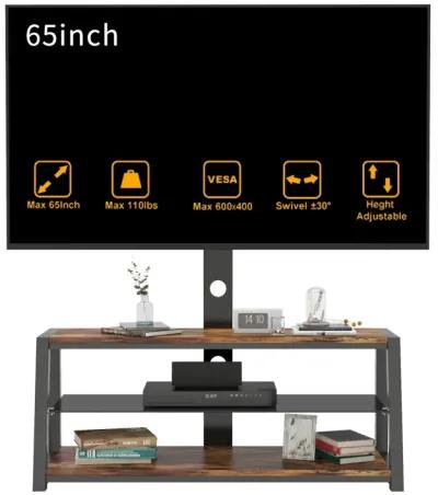 Wooden Storage TV Stand Tempered Glass Height Adjustable Universal Swivel Entertainment