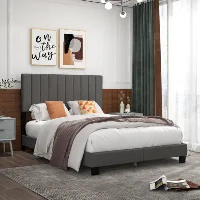 Queen Size Upholstered Bed Frame with Vertical Channel Tufted Headboard Gray